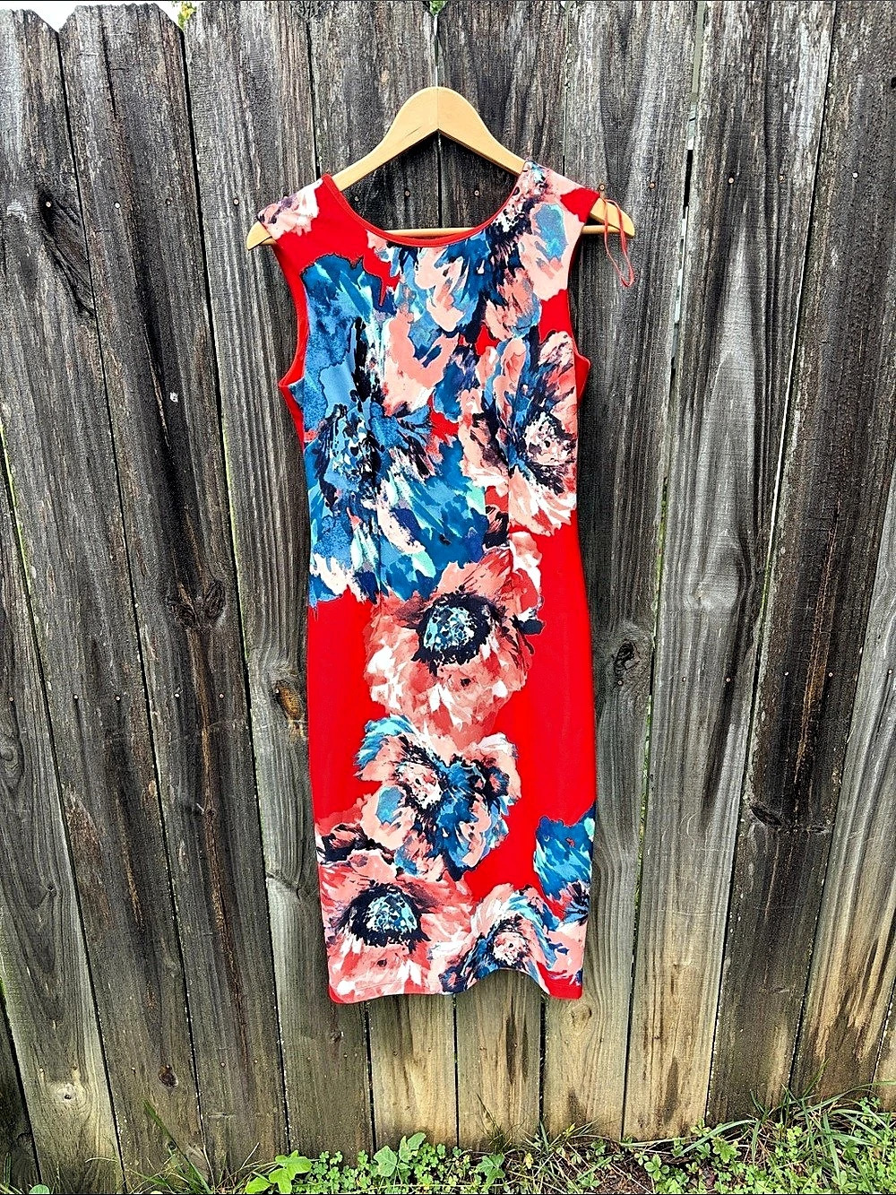 JULIAN TAYLOR Floral Midi Dress in Red & Blue Size 8 Like New